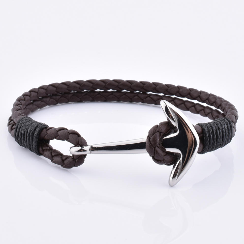 Best Selling Stylish Design 316L Stainless Steel Anchor Leather Men Bracelet