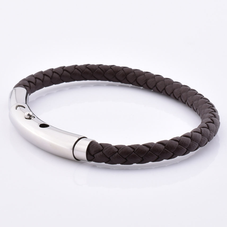Wholesale Punk Style Cool Stainless Steel Drak Brown Braided Leather Adjustable Clasp Bracelet